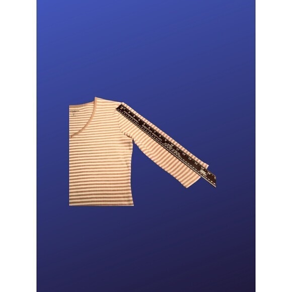 LIZ CLAIBORNE 100% Cotton Top, 3/4 Sleeve, TAN/CREAM STRIPE, Size PS, NWOT - Picture 5 of 8